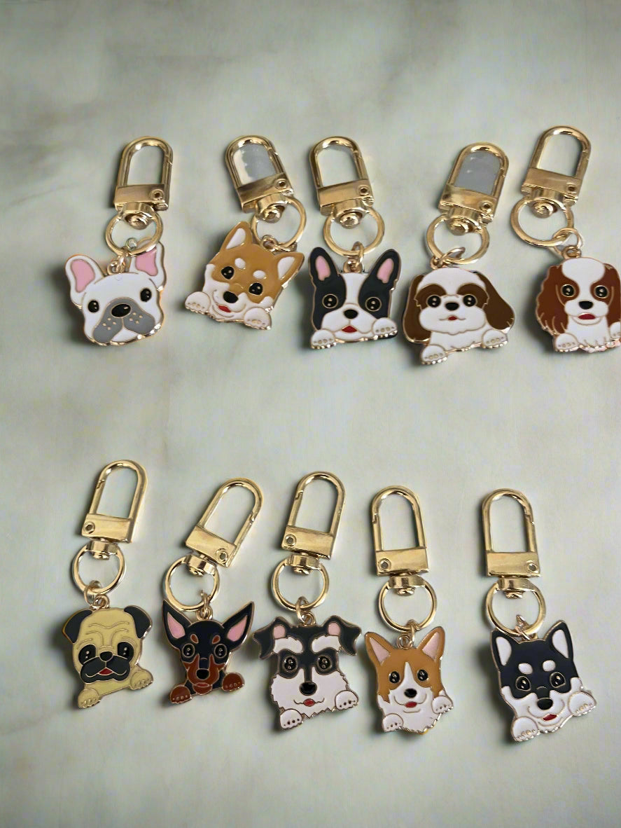 Dog-themed keychains on a clear surface