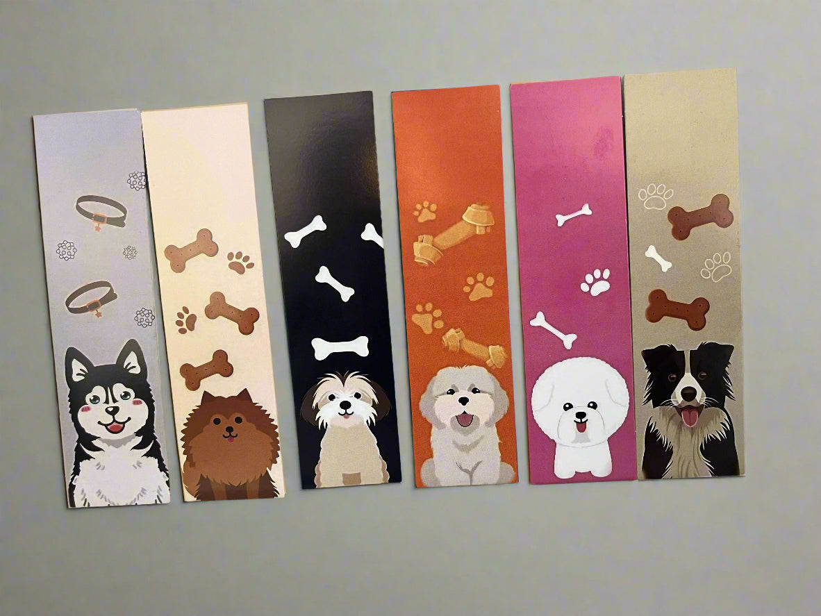 Set of colorful bookmarks with dog illustrations on a tiled background