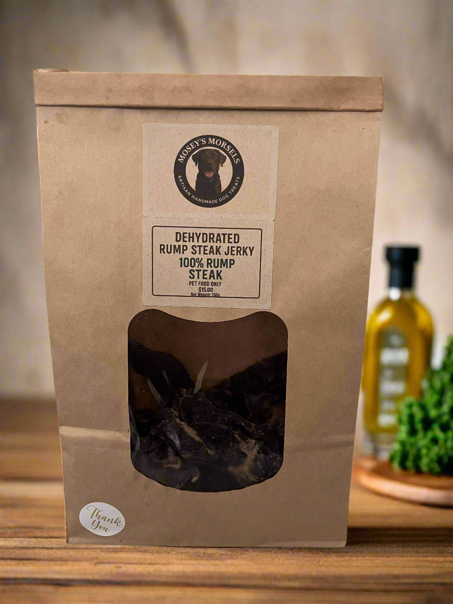 Dehydrated rump steak jerky package with a label on a white surface